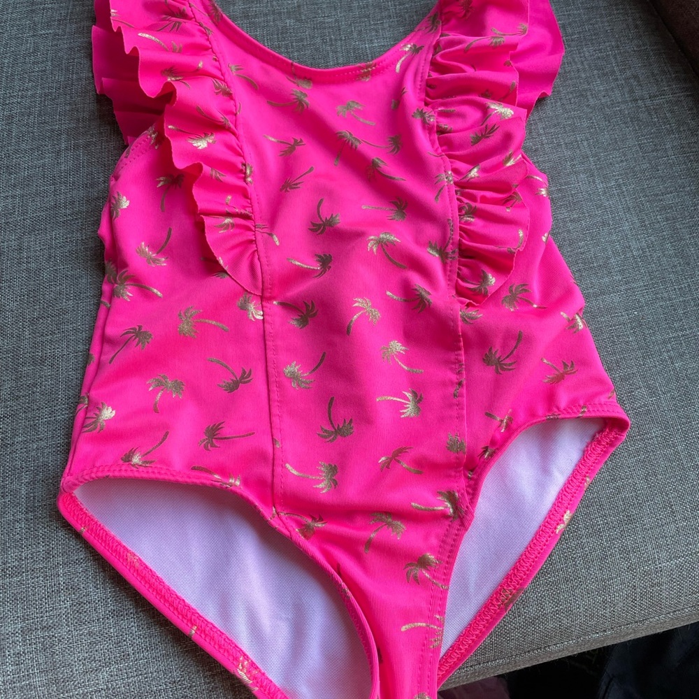 Hot pink and gold palm tree girls swimmers